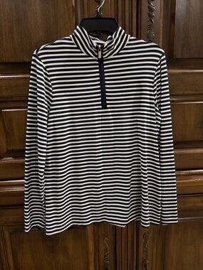 Charter Club Navy and Cream Striped Quarter Zip - Large